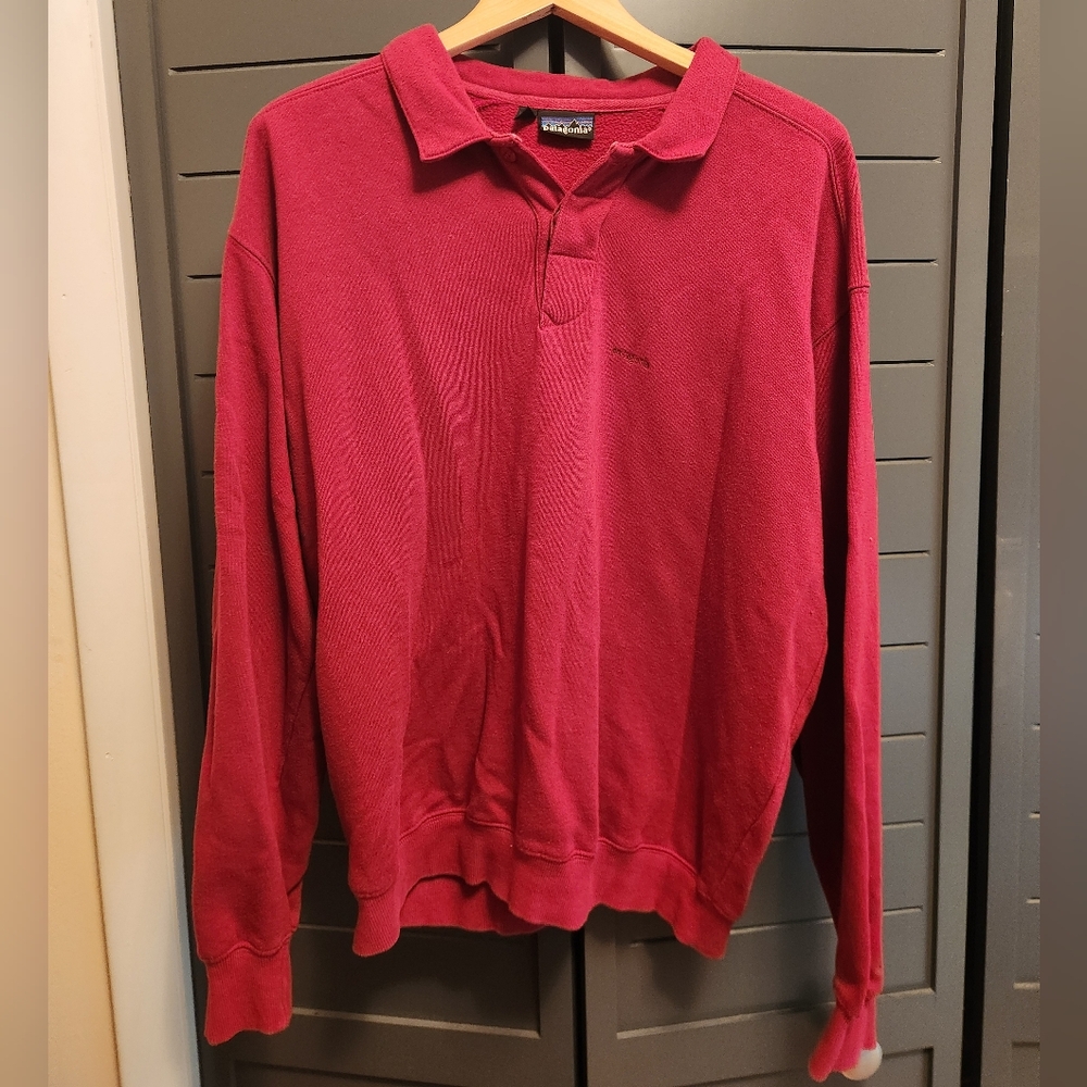 Vintage red Patagonia long sleeve polo/sweatshirt, men's L